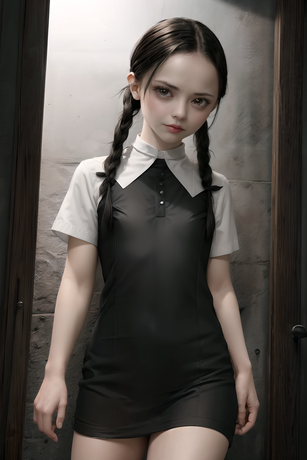 00020-3671204131-an extremely detailed digital illustration, high resolution, masterpiece, (of Chr1st1naR1cc1 as Wednesday Addams), black hair, (.png